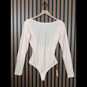 New Reformation Bodysuit Medium Pink Long Sleeve Jersey Stretch Fabric Open Back